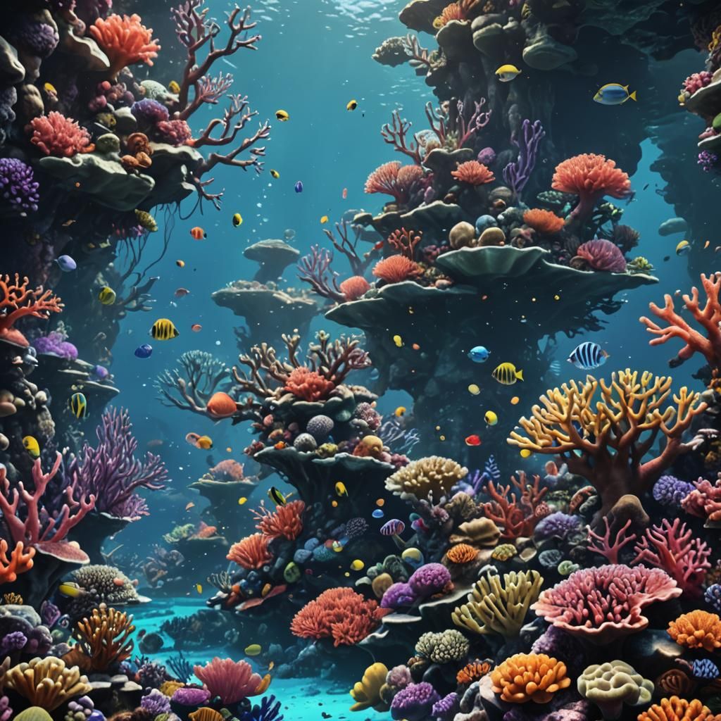 Vibrant Coral Reef Above Water in Detailed Painting