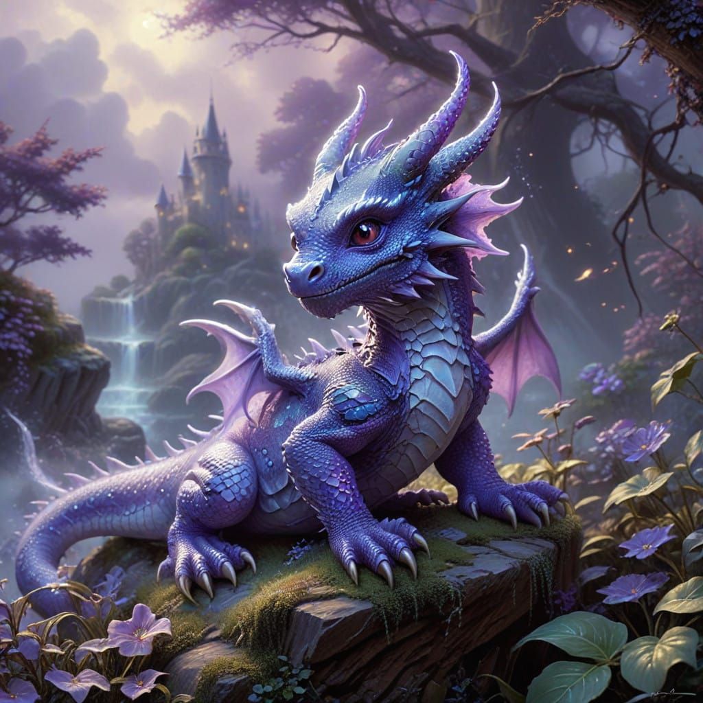 Whimsical Baby Dragon in Lavender Hues