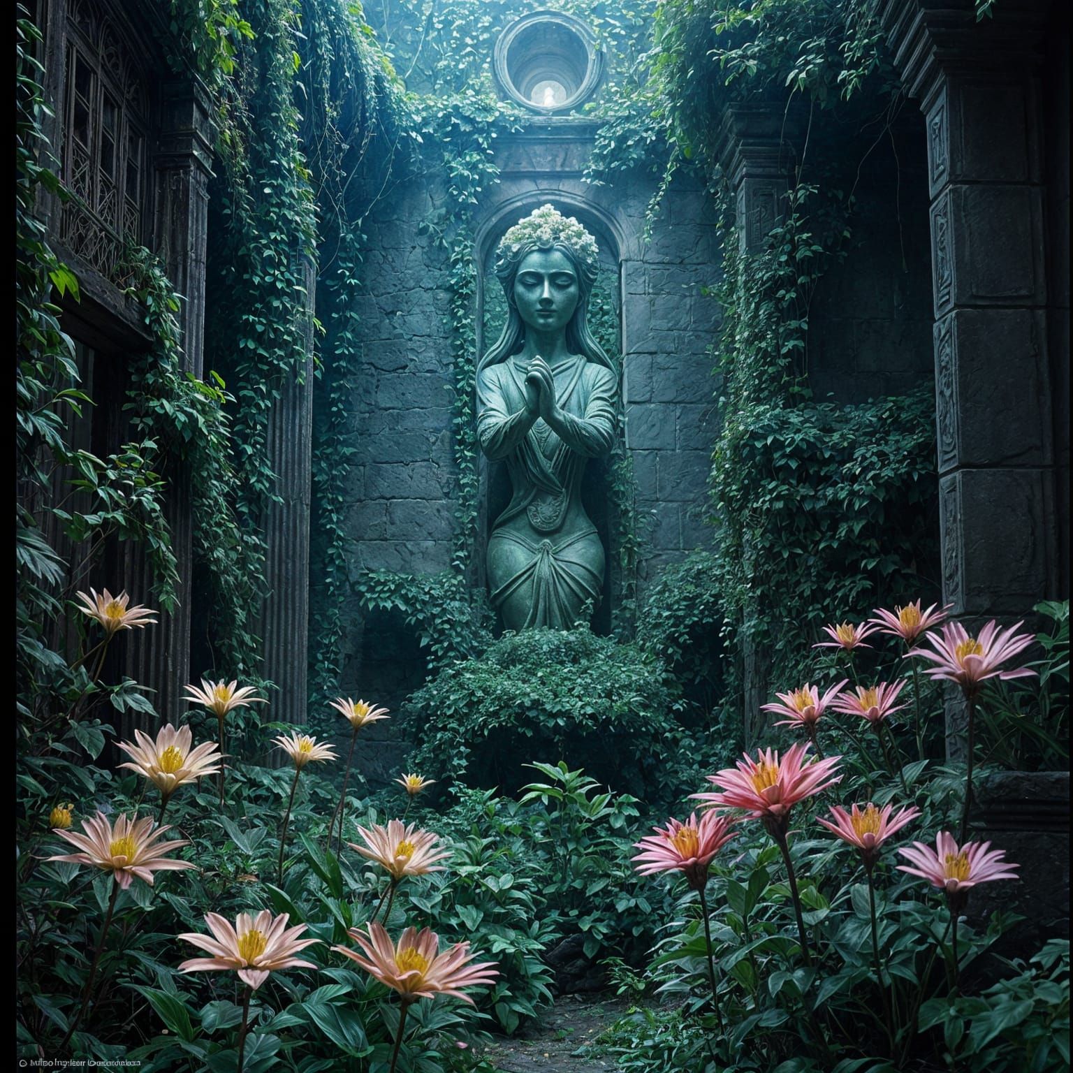 Surreal Garden Scene in Cinematic Style