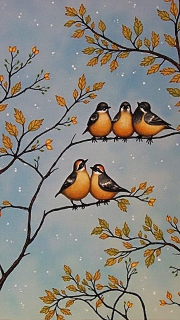 Birds in Serene Pre-Dawn Hues, Pointillist Style