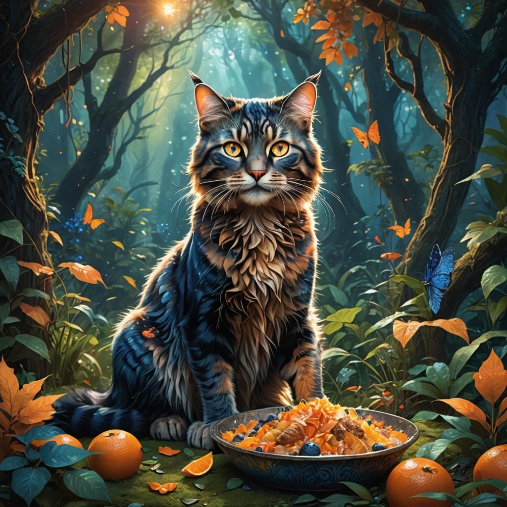 Majestic Cat Shares Meal in Mystical Forest