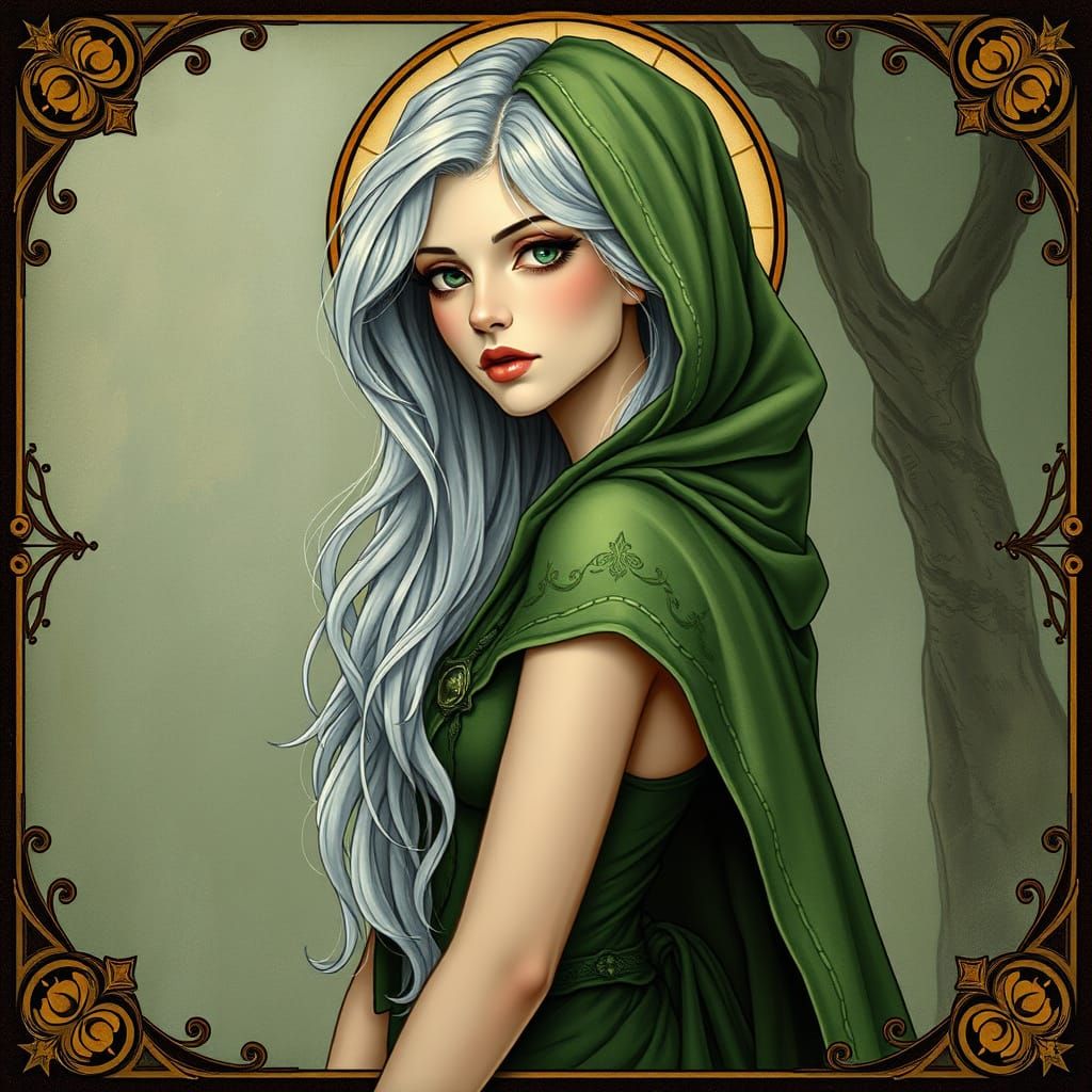 Art Nouveau Lady with Silver Hair and Green Cloak