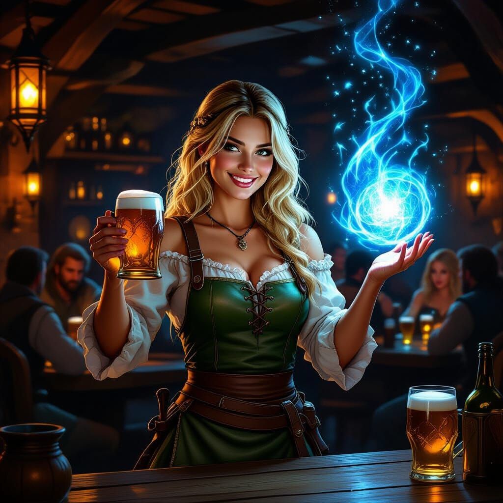 Blonde Barmaid Serves Ale and Casts Blue Magic in Tavern