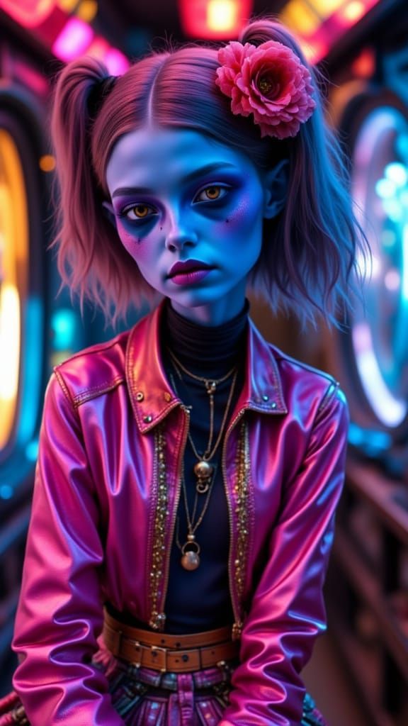 Alien Teenager in Street Fashion, Hyperdetailed Portrait