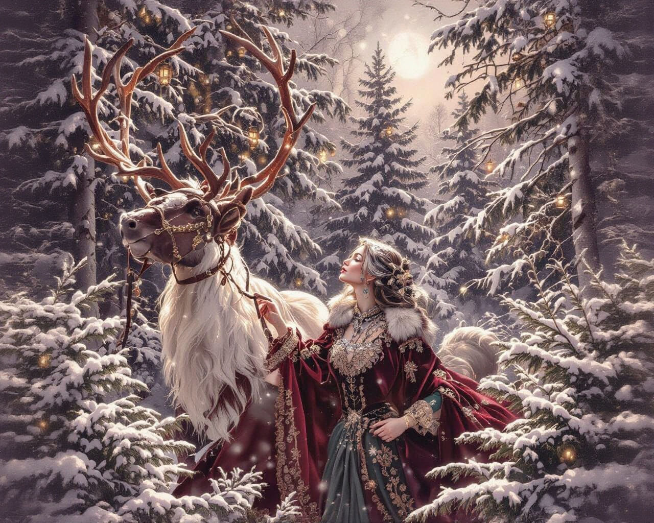 Elegant Woman in Snowy Forest with Halo Effect