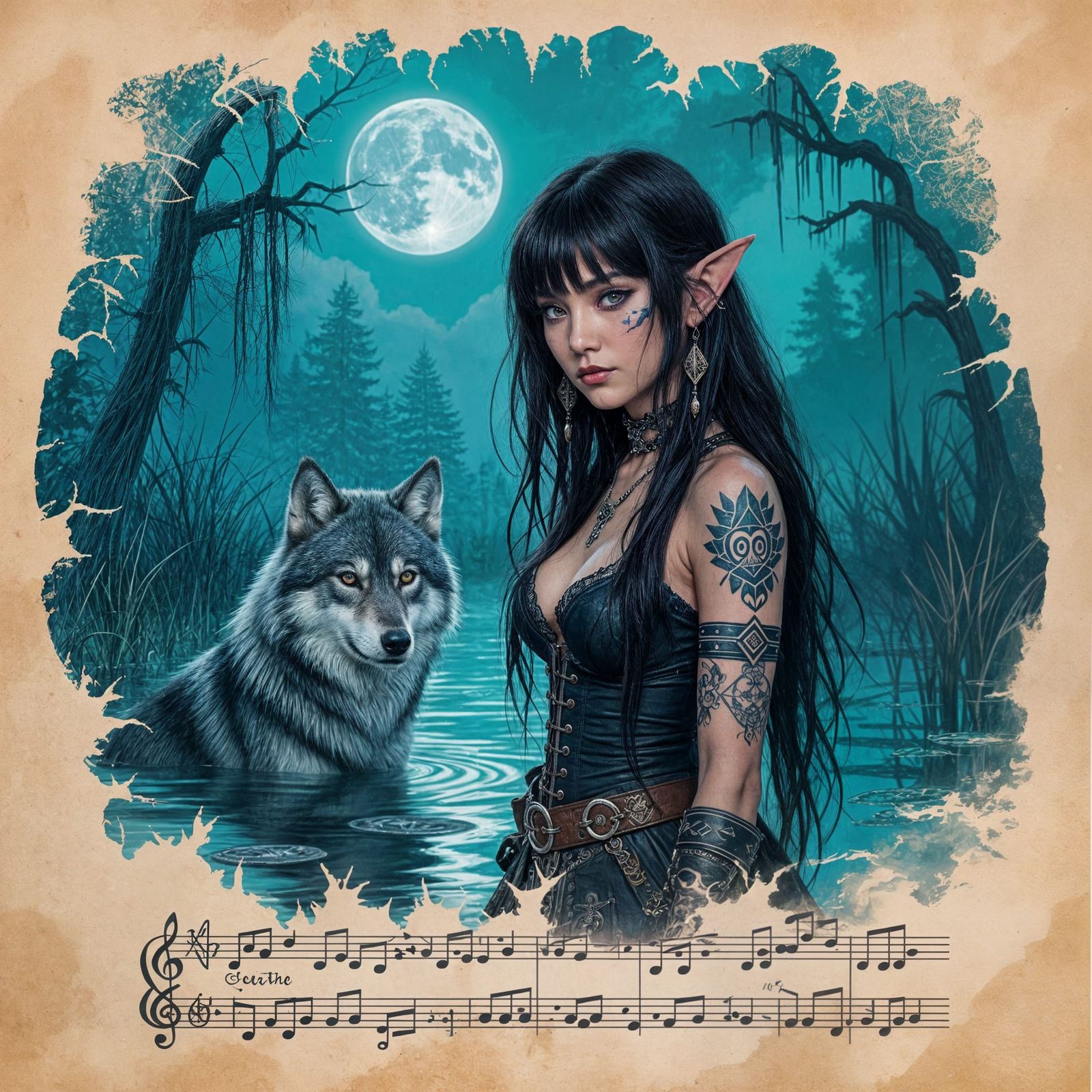 Dark Elf and Wolf on Faded Musical Parchment