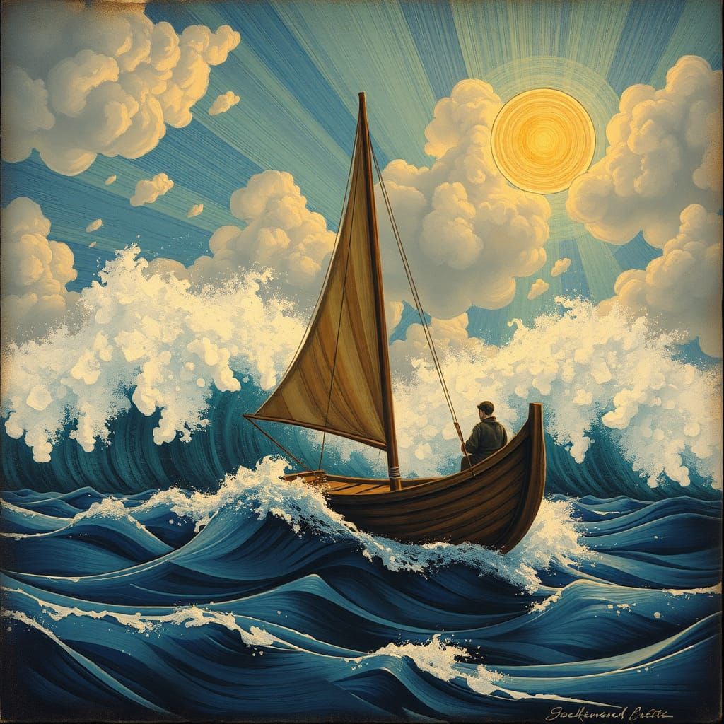 Sailor Braving Giant Waves in Art Nouveau Style