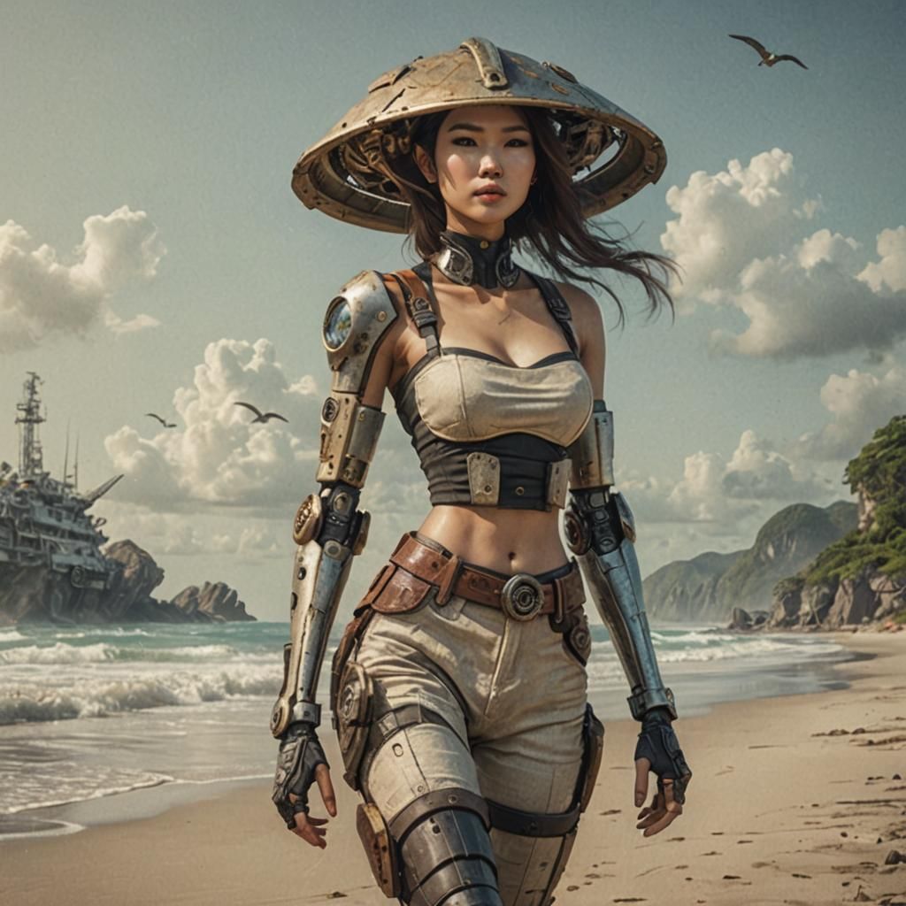 Steampunk Vietnamese Woman with Mecha Leg