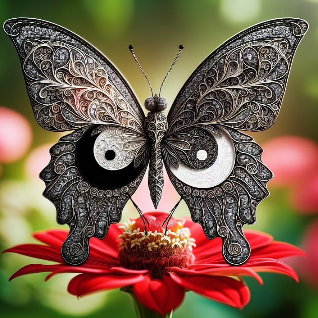 Yin Yang Butterfly on Red Flower