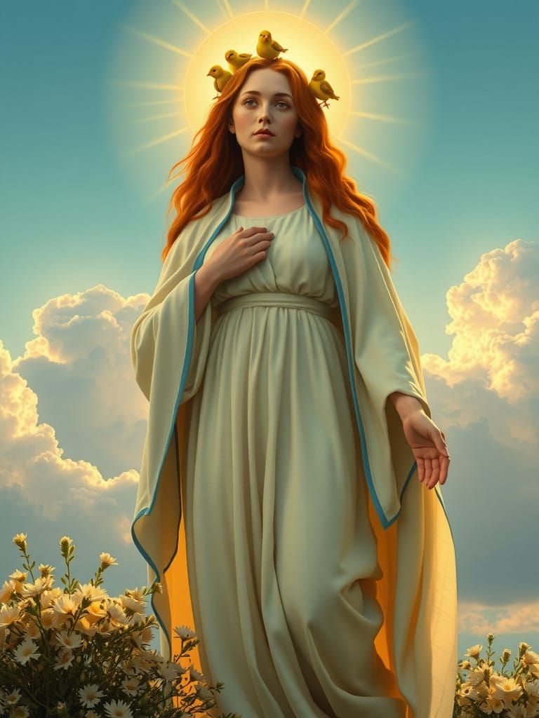 Ethereal Virgin in White Robe with Blue Sash, amidst Morning...