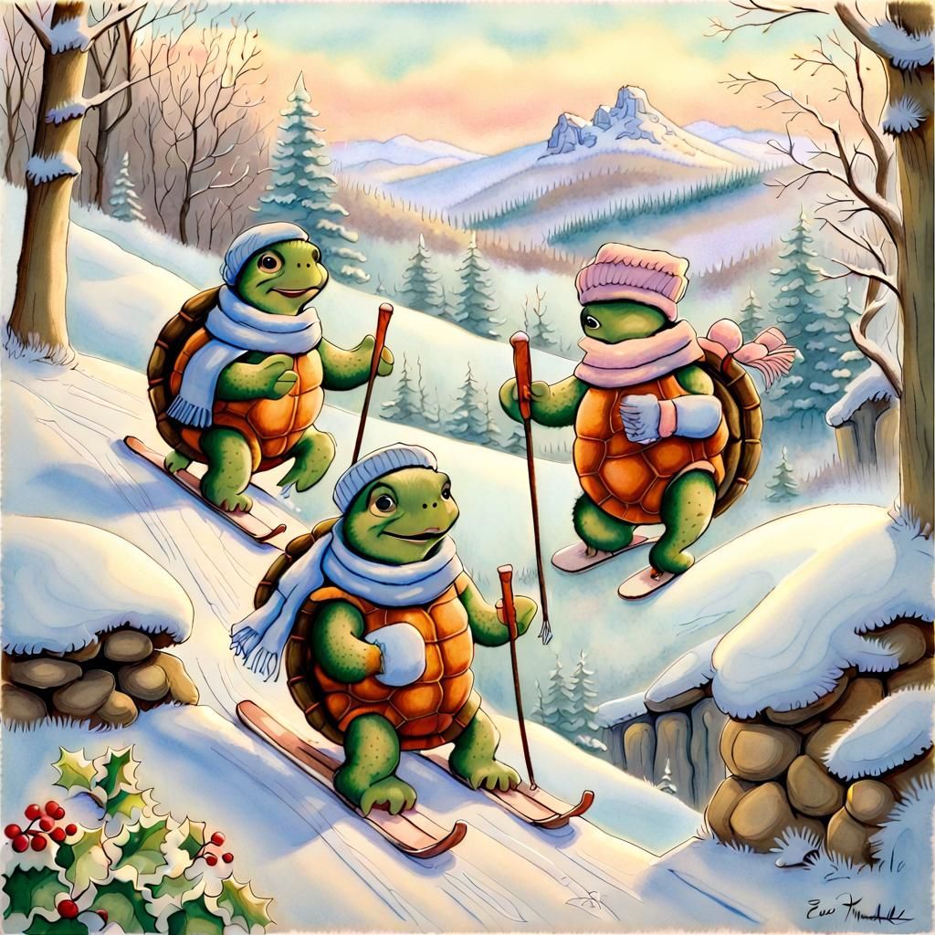Turtles Skiing in Winter, Pastel Illustration