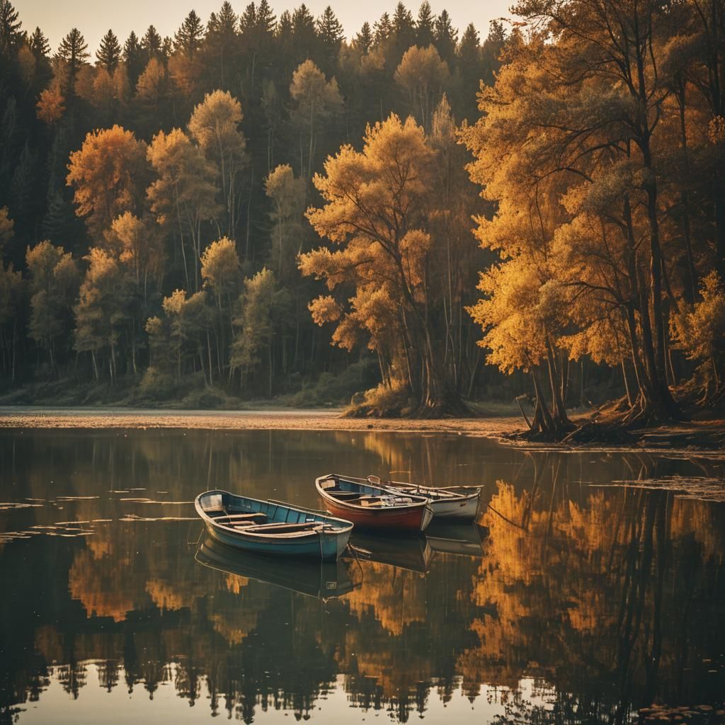 Sunset Fishing Boats on Lake in Cinematic Style