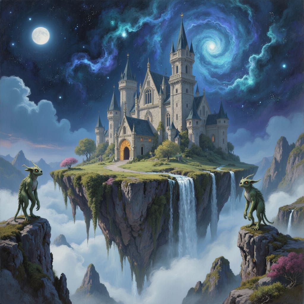 Majestic Castle on Floating Island in Nebulae