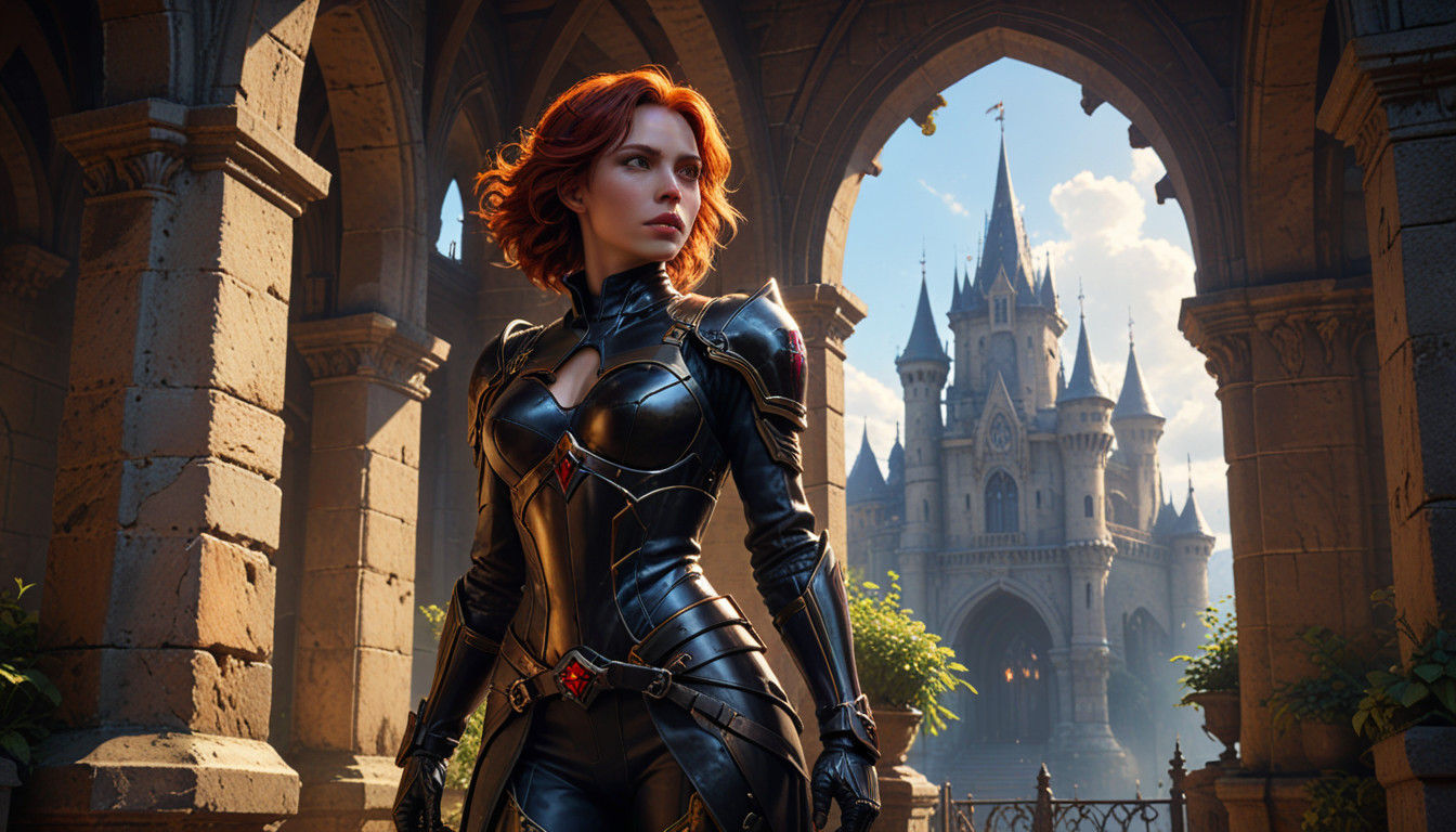 Hyperrealistic Portrait of Black Widow in Medieval Knight Ar...