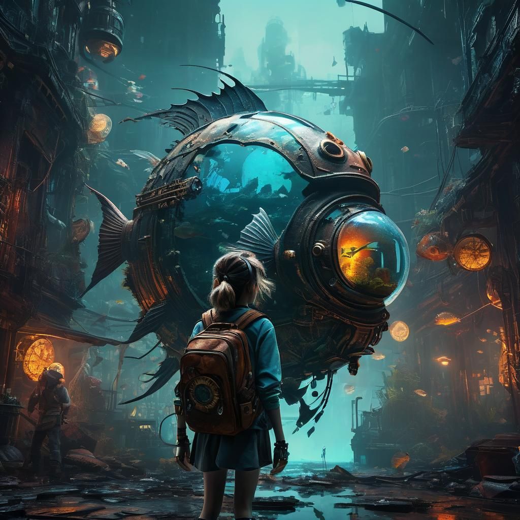 Cyberpunk Child with Aquarium Backpack in Ruined City