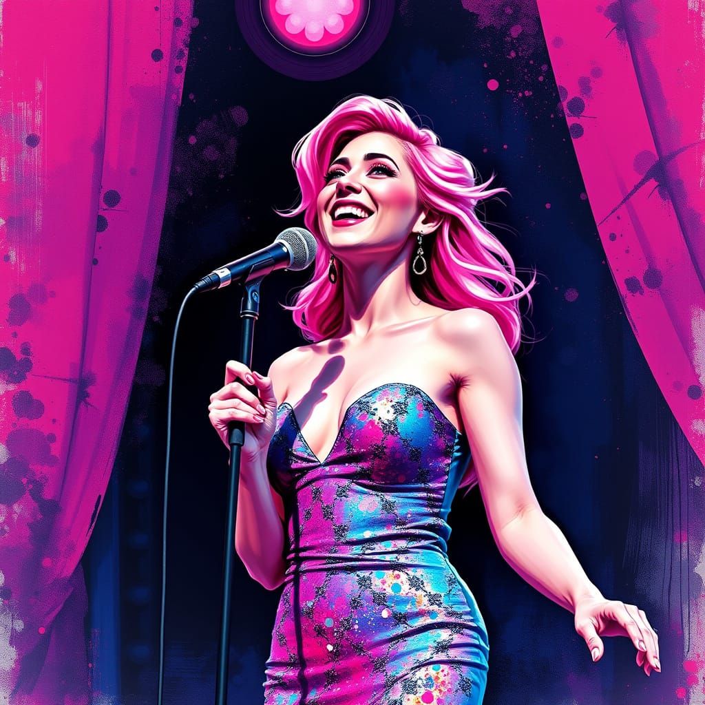 Pink-Haired Woman Singing: Alcohol Ink Splatter Art