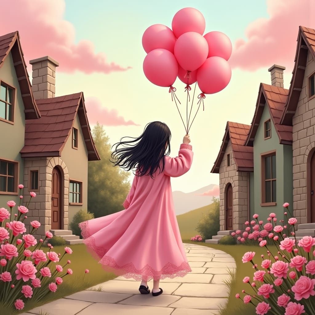 Girl with Pink Balloons in Watercolor Dreamscape