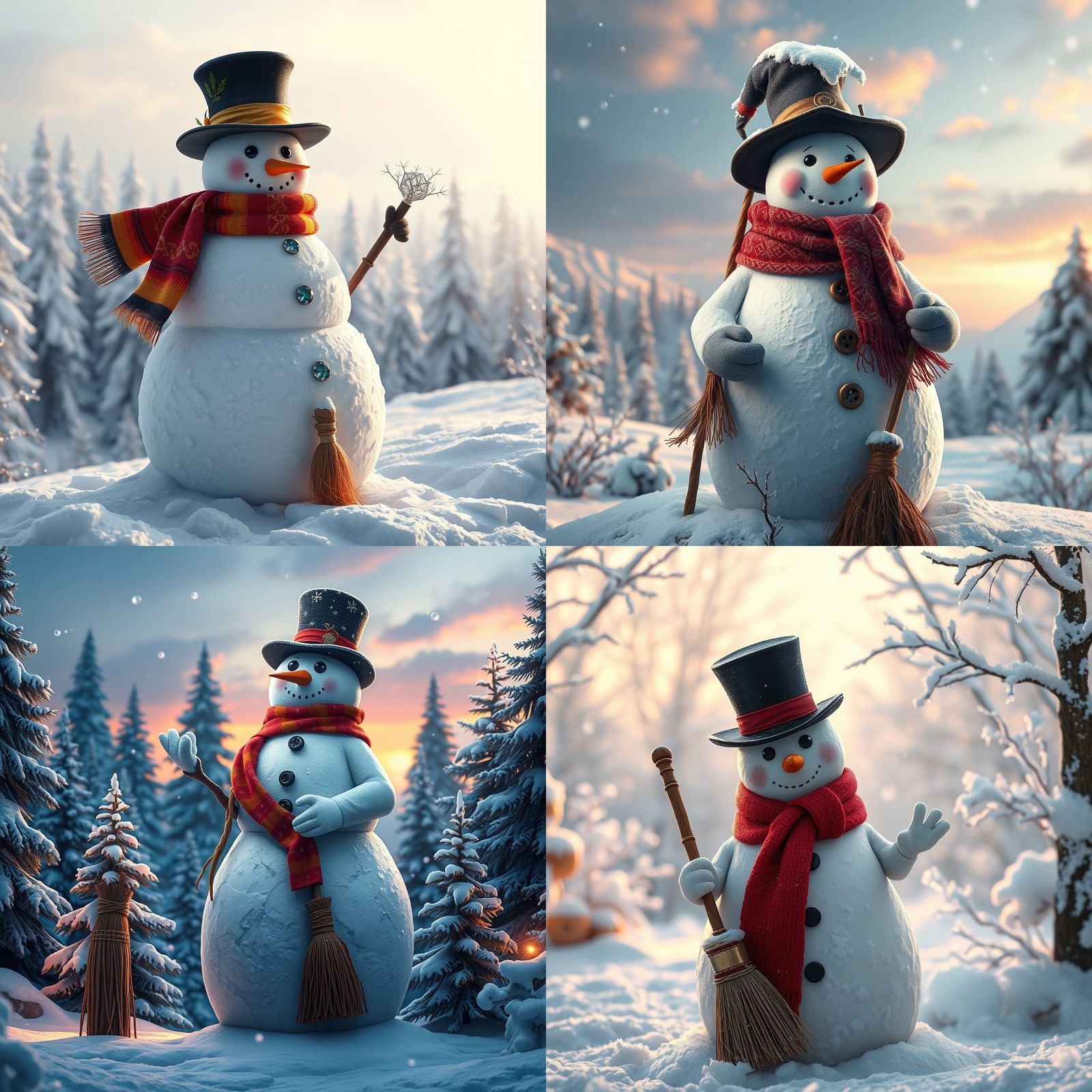 Detailed Snowman with Broom in Matte Painting Style