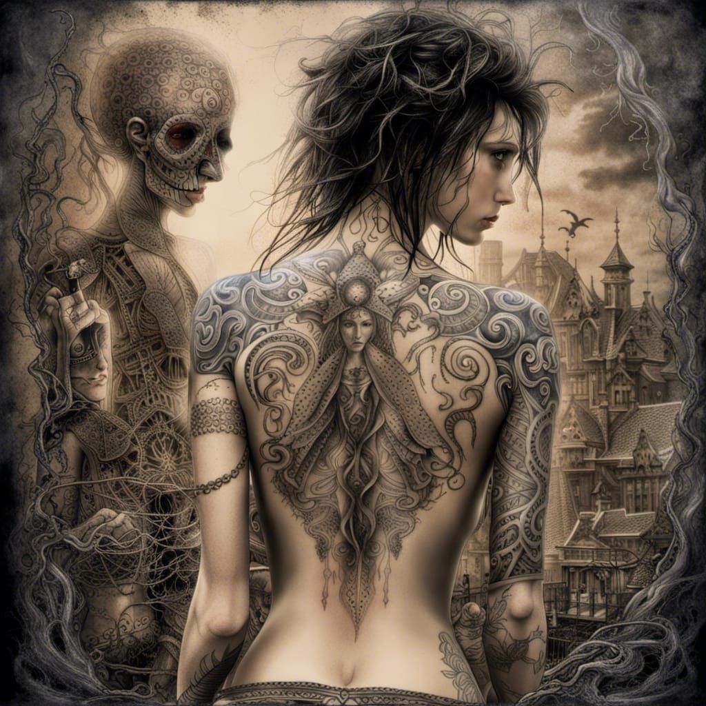 Woman with Back Tattoo Contemplates Illness