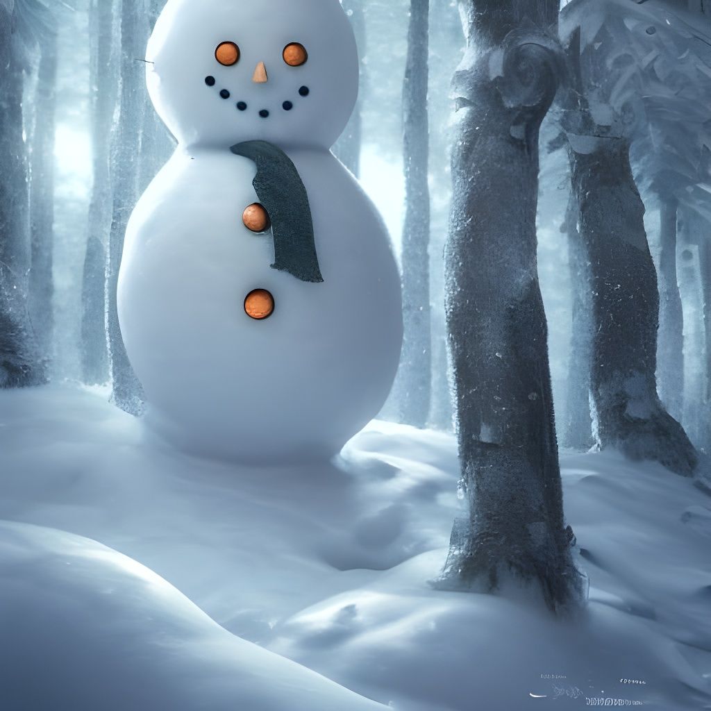 Whimsical Snowman Portrait in Winter Forest, Detailed 3D Ren...
