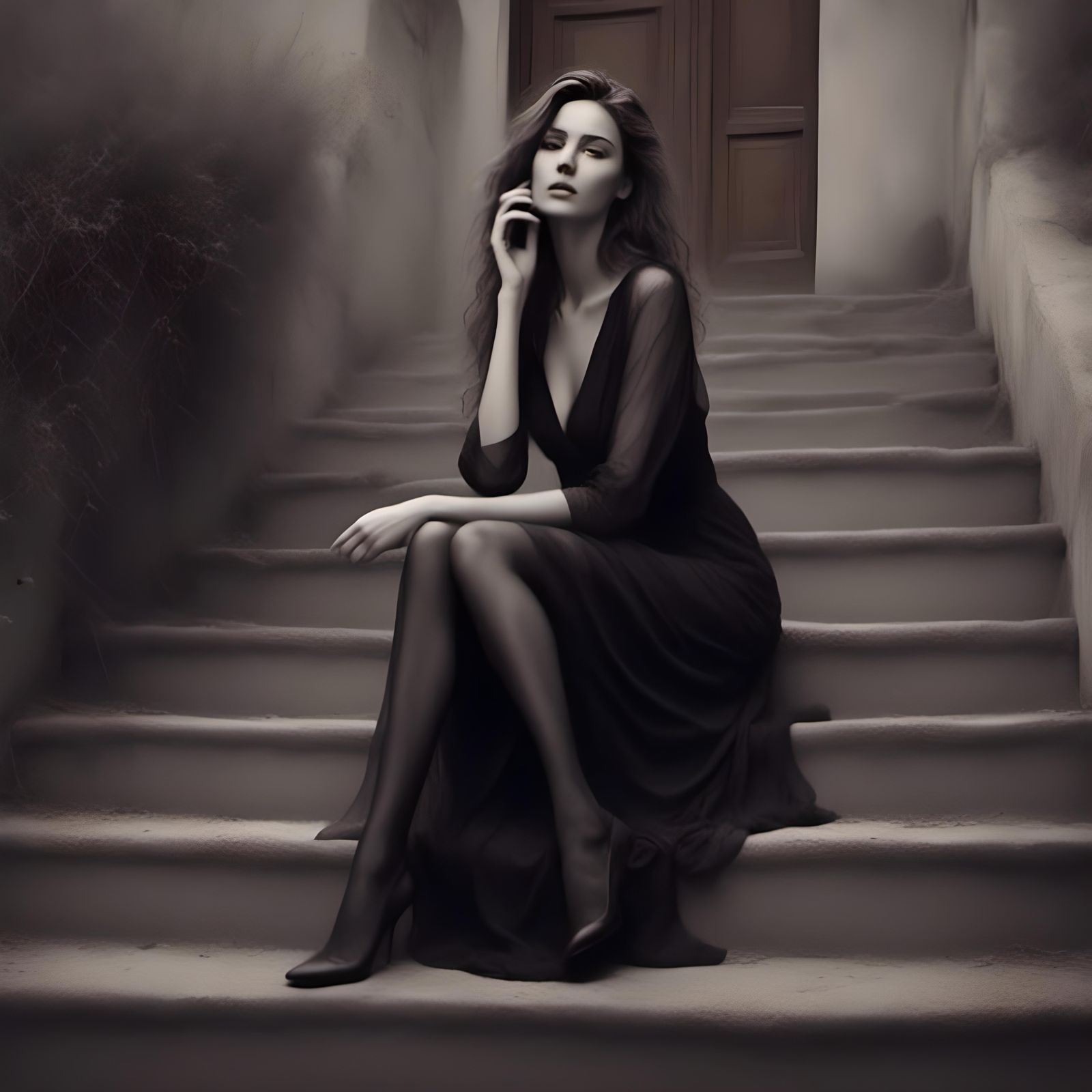 Woman on Steps in Graphite Pencil Sketch