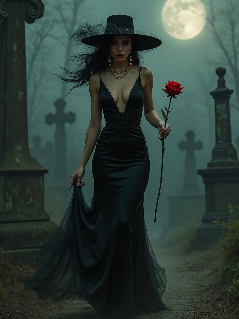 Mysterious Woman in Graveyard in Surreal Style