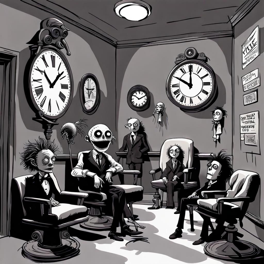 Tim Burton Style Waiting Room with Odd Characters