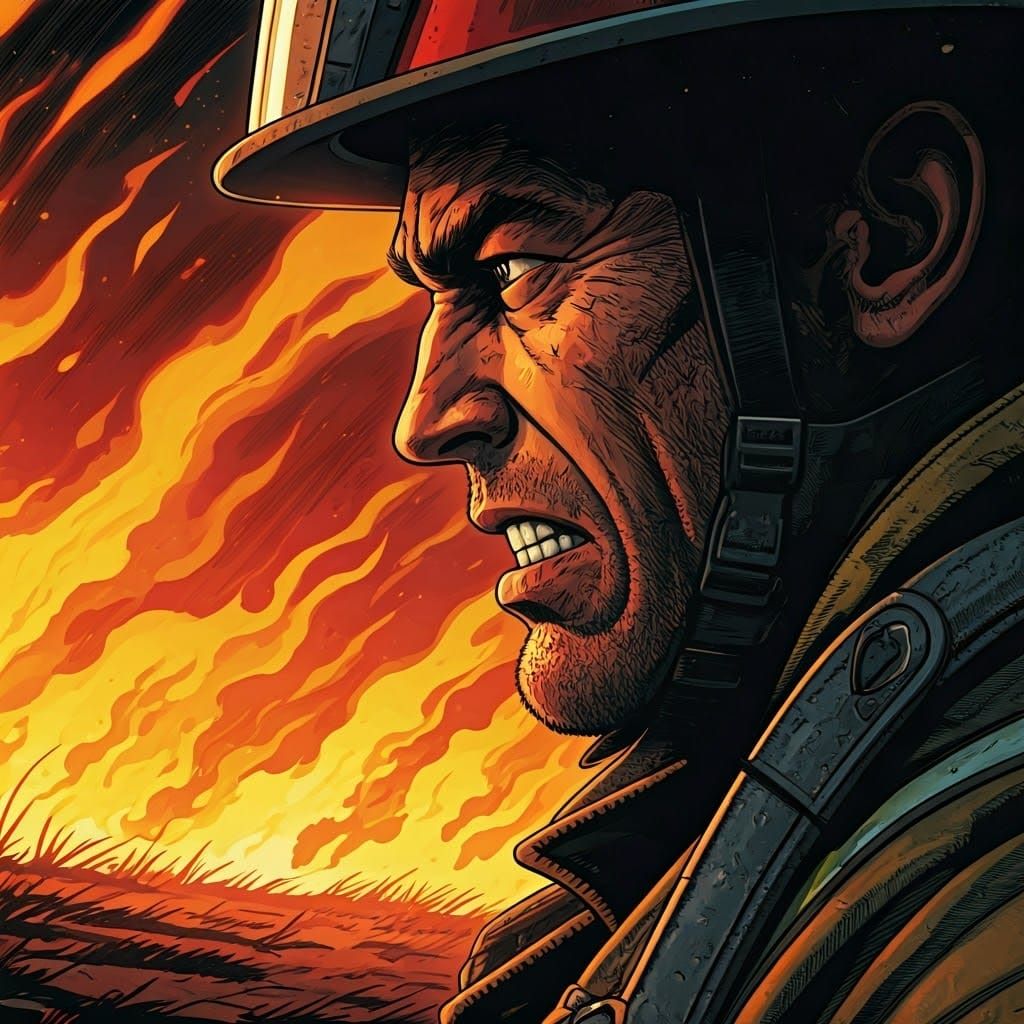 Courageous Firefighter Facing Wildfire in Comic Book Art