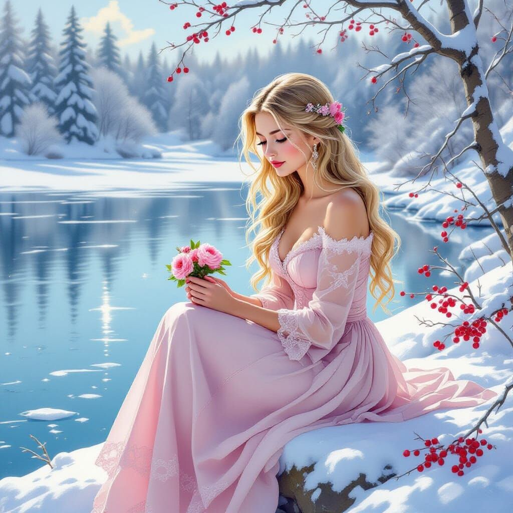 Winter Woman with Flowers in Ethereal Digital Painting