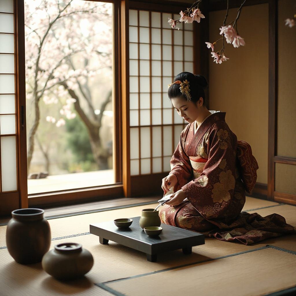 Serene Retro-Japonisme Tea Ceremony in Traditional Tatami Ro...
