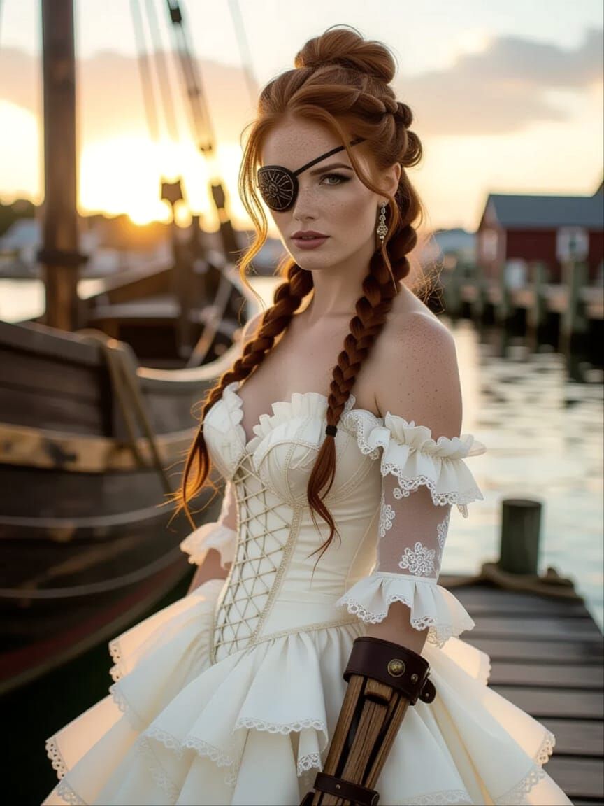 Pirate Bride Posing at Harbour Dock with Wooden Ship