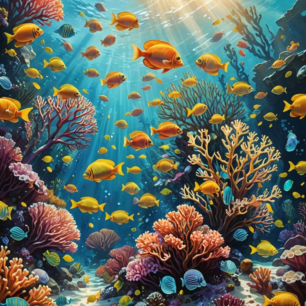 Colorful Fish in a Sunny Coral Reef Painting