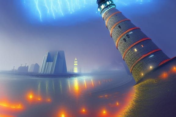 Futuristic Lighthouse City in Sci-Fi Thunderstorm
