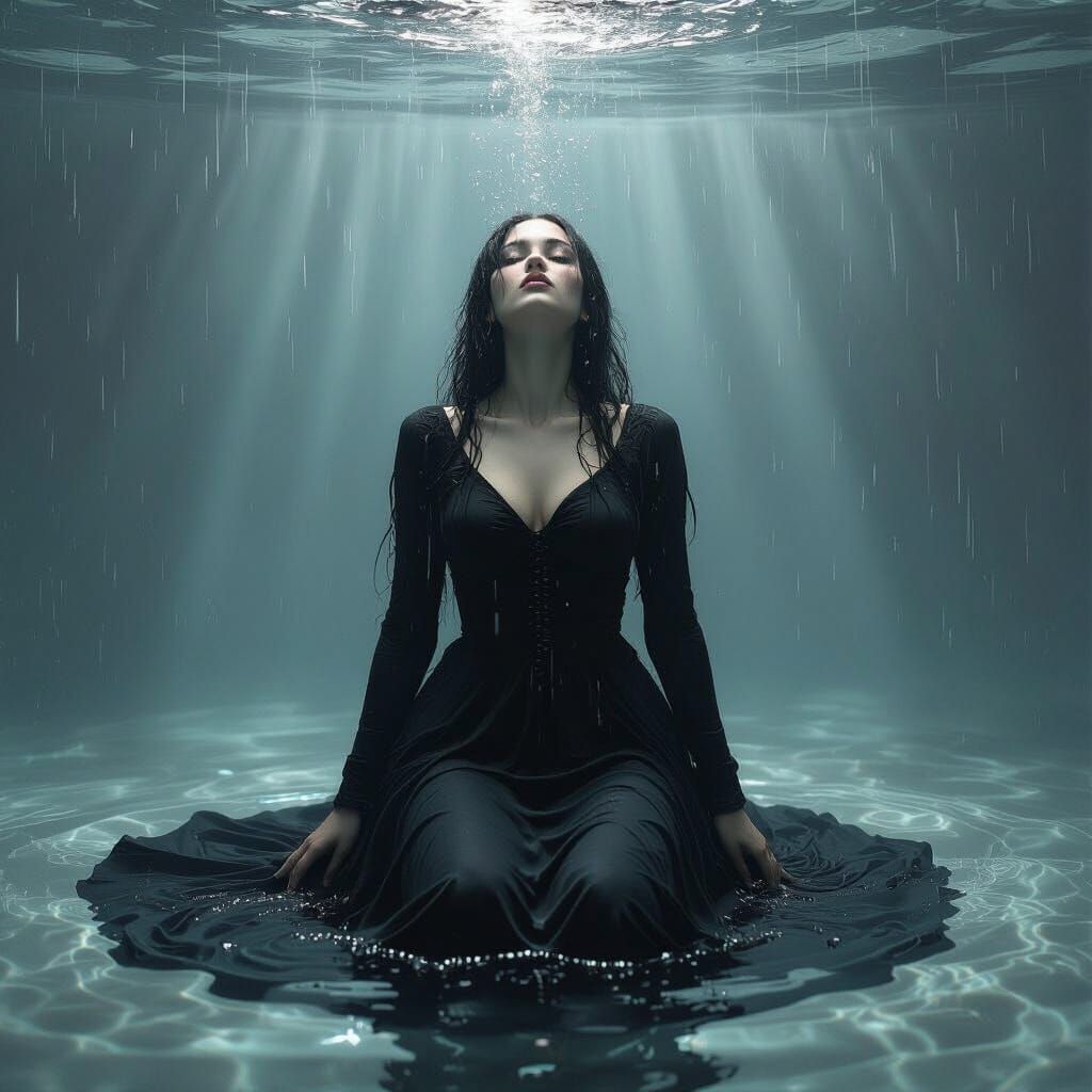 Gothic Woman Drowning Underwater in Dark Fantasy Style