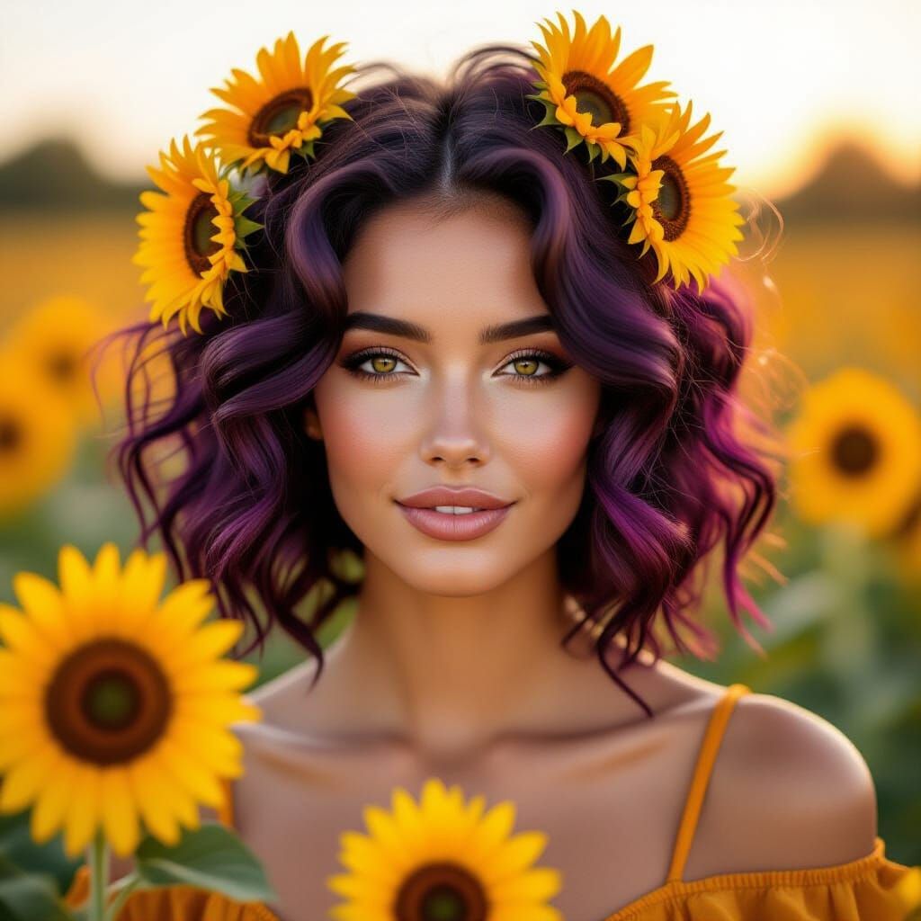 Autumn Goddess Portrait with Purple Hair and Sunflowers