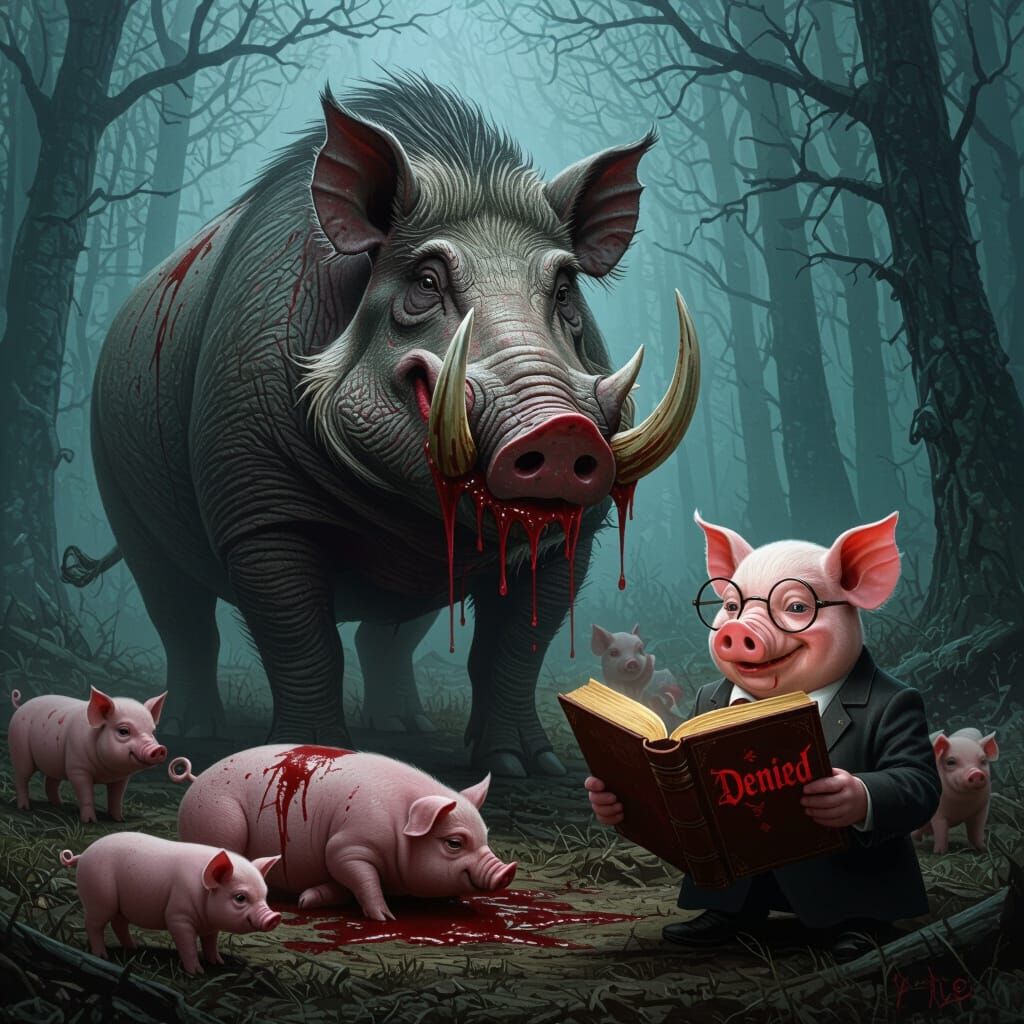 Demonic Warthog in Misty Forest, Biomechanical Horror Style