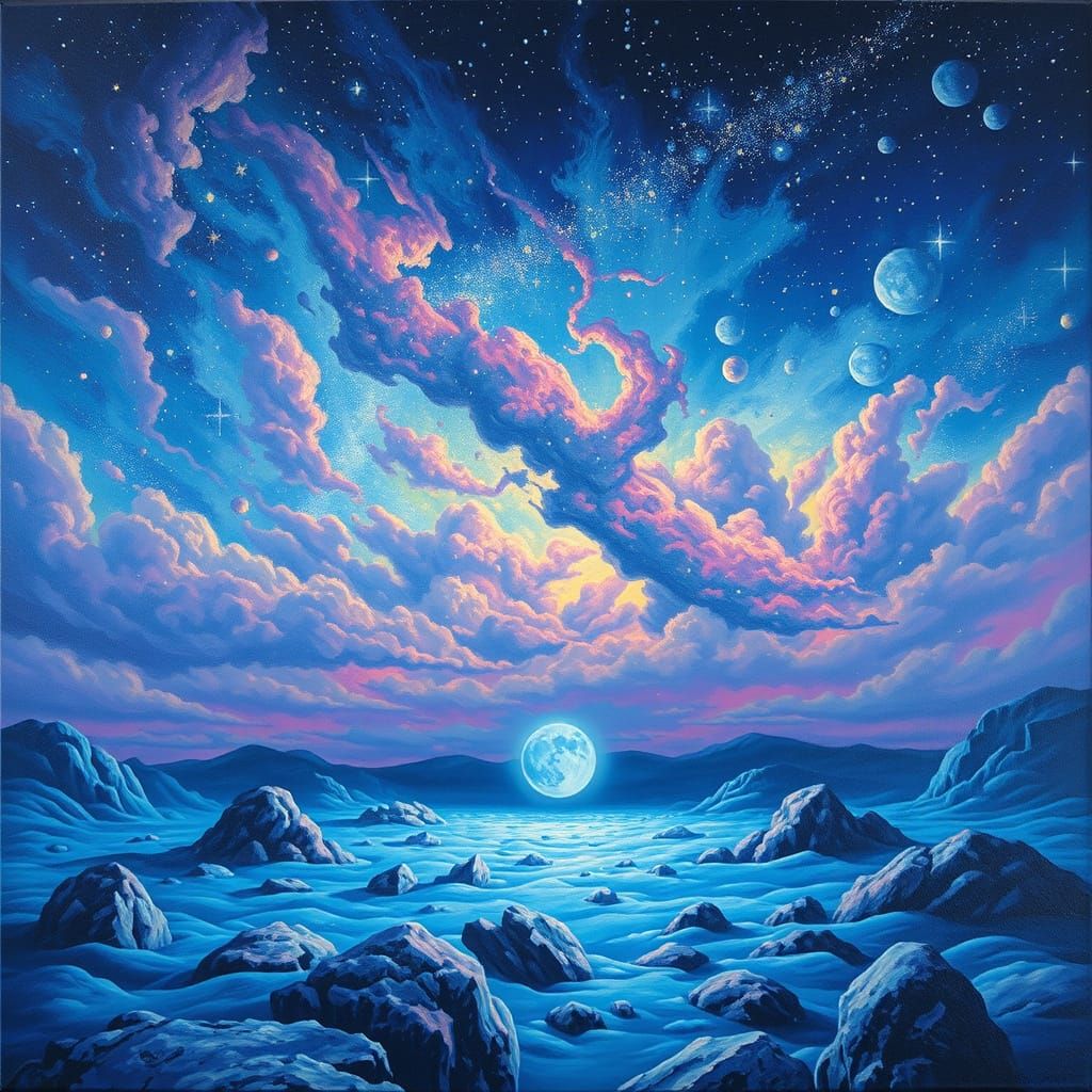 Bioluminescent Stars Spill onto Moonscape: Surreal Oil Paint...