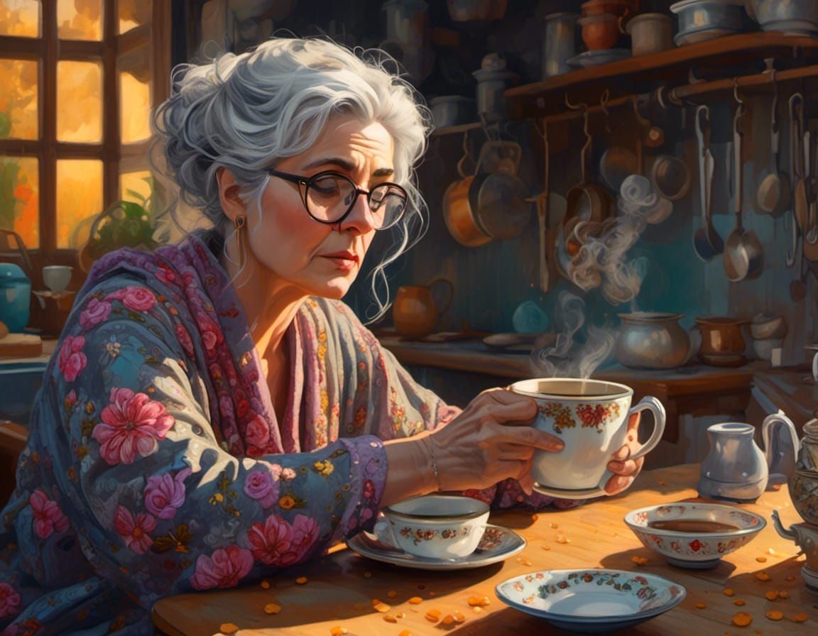 Sleepy Woman with Coffee in Pencillation Style