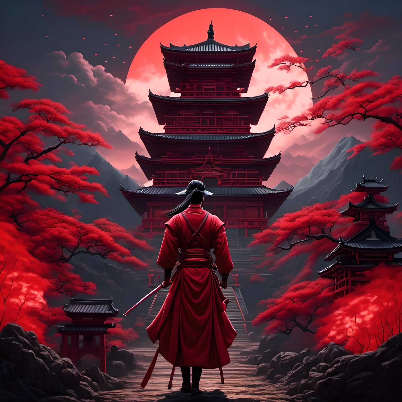 Fantasy Samurai Portrait with Burning Castle