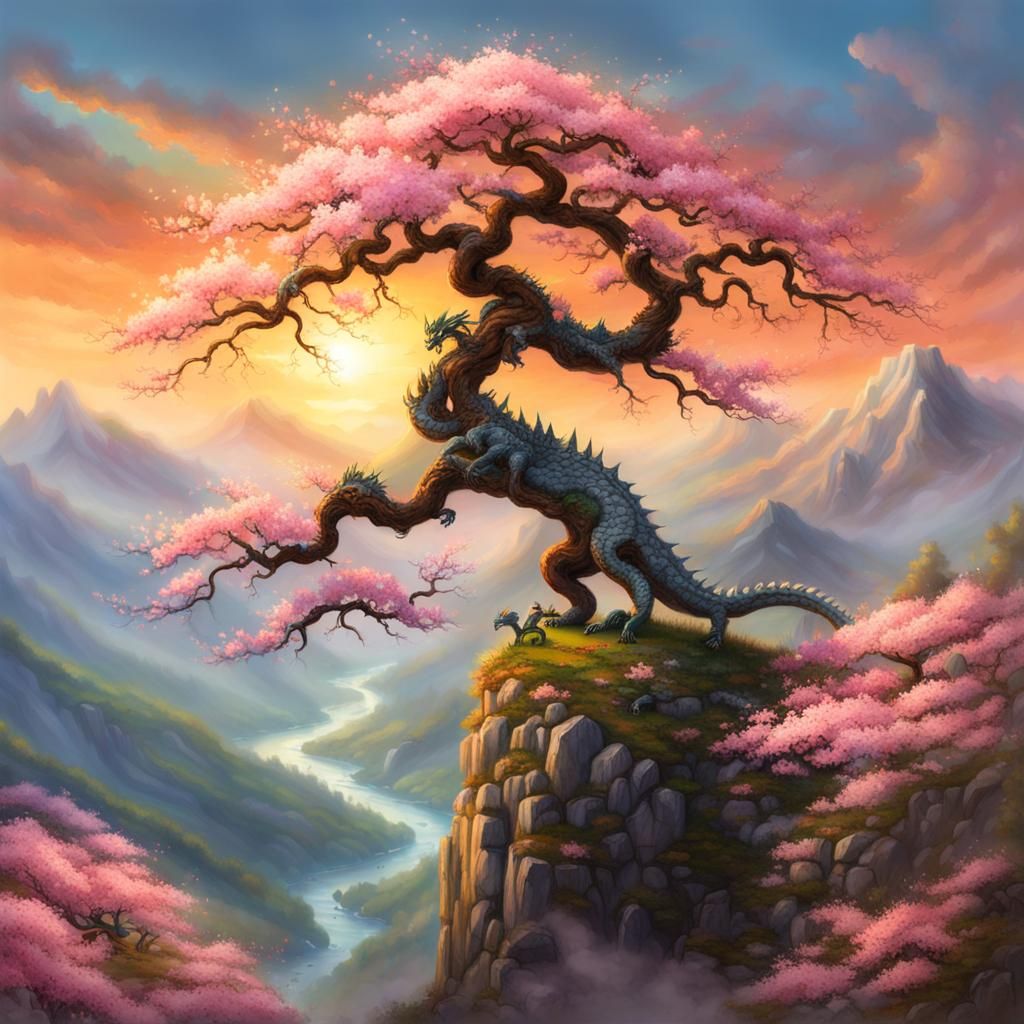 Dragon in Cherry Blossom Bonsai Tree: Digital Painting
