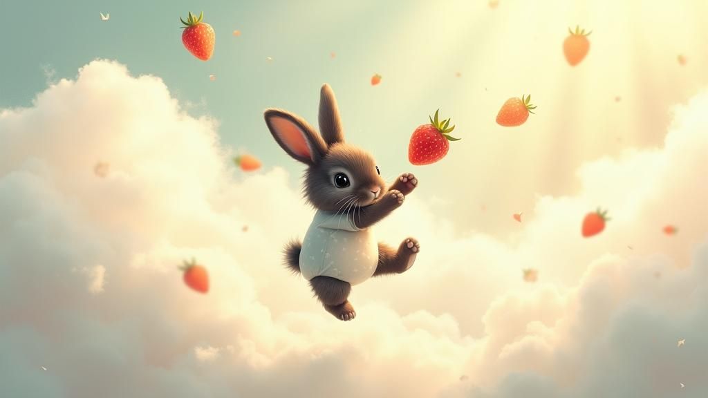 Black Rabbit Jumps for Strawberries in Dreamy Sunlight