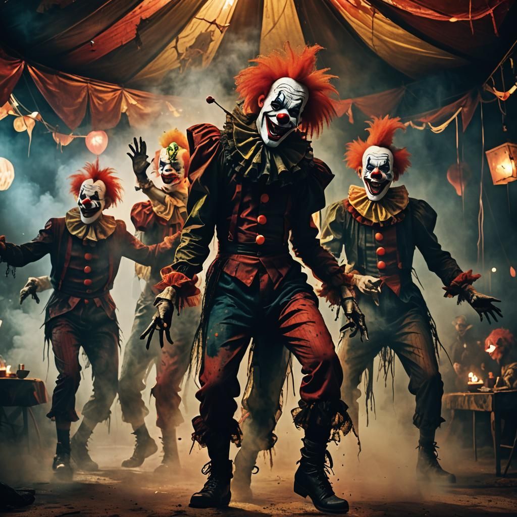Clown Devils Dance in Dark Carnival Tent