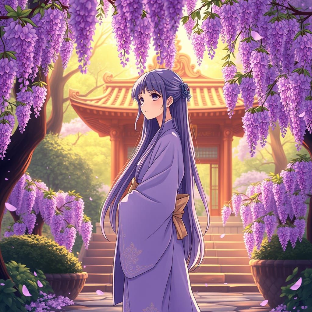 Serene Girl in Lavender Kimono Before Ancient Shrine