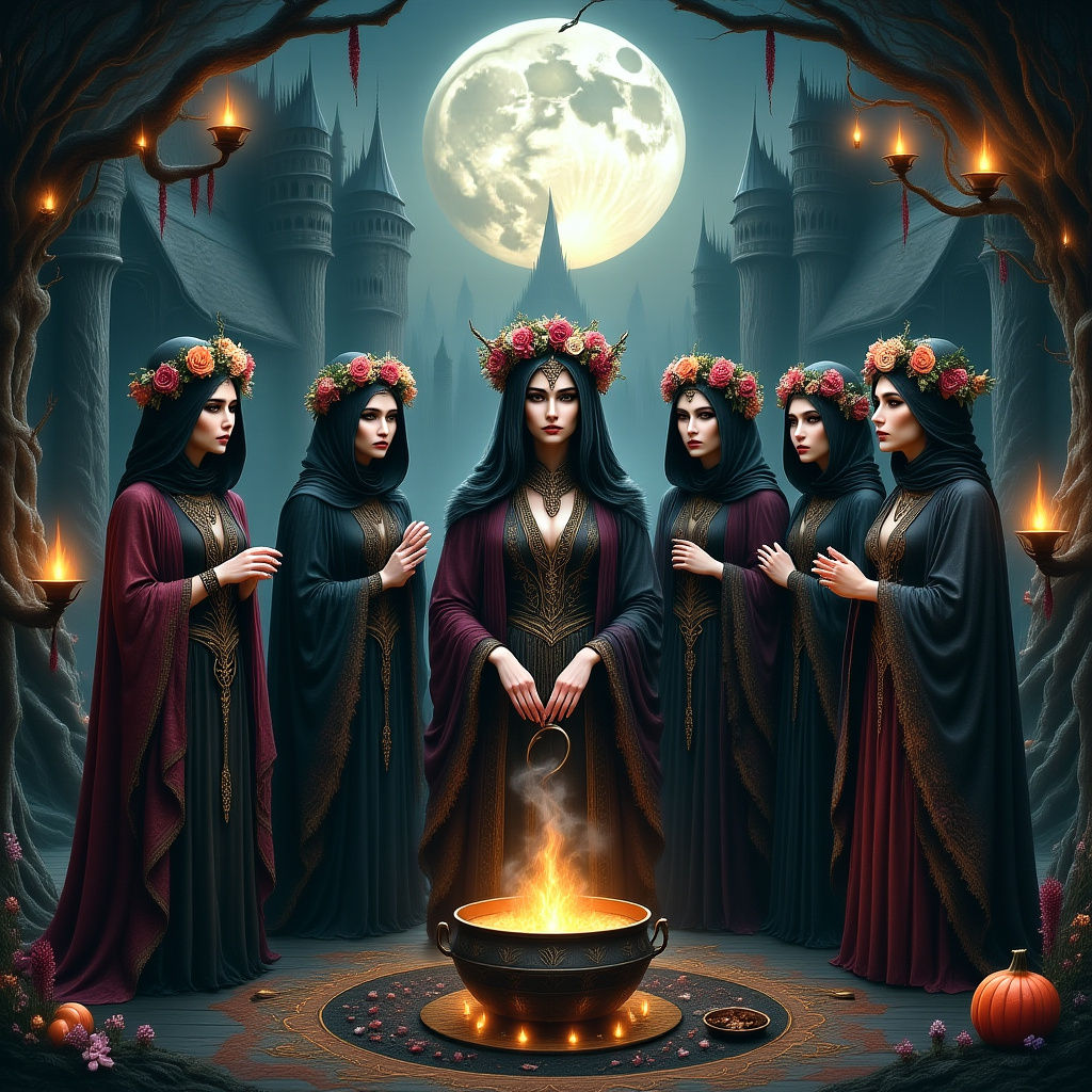Gothic Witches' Coven Ritual Under Moonlight