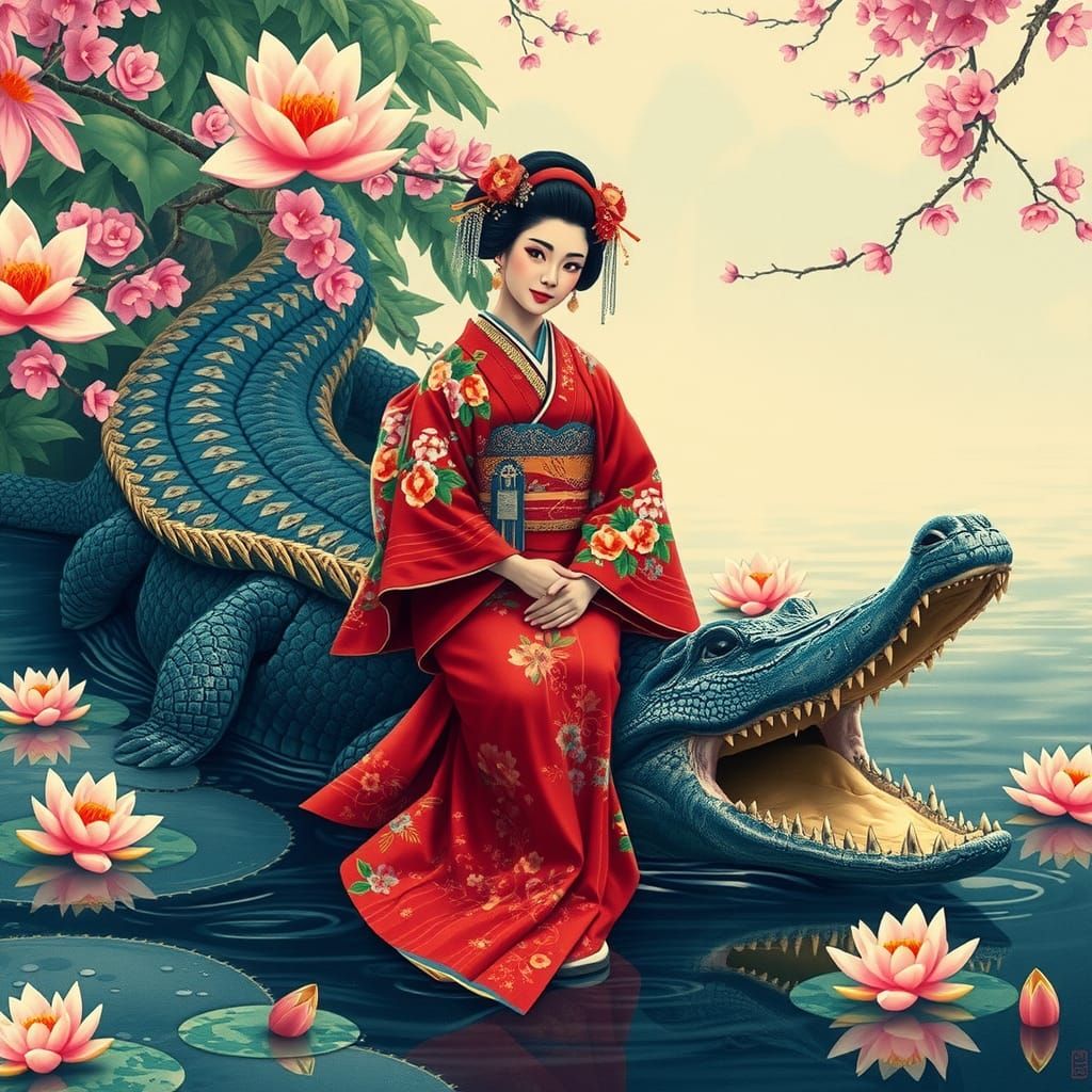 Geisha and Crocodile in Ukiyo-e River Scene