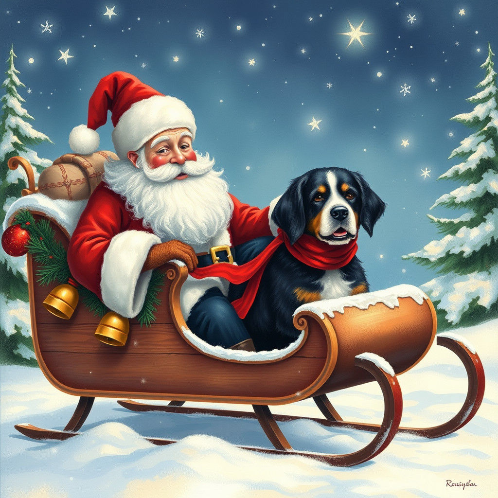 Jolly Santa Delivers a Cozy Bernese Mountain Dog in Winter W...