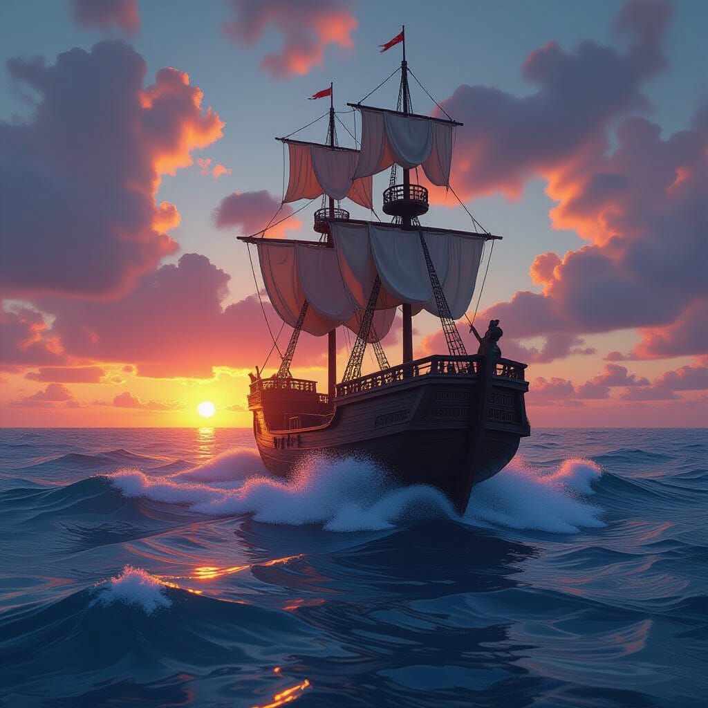Majestic Ship on Stormy Seas at Sunset