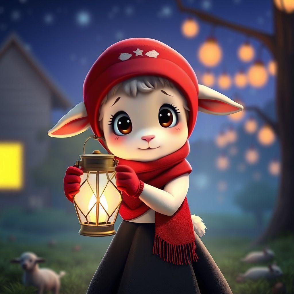 Scared Lamb with Lantern: Anime-Inspired CGI Art