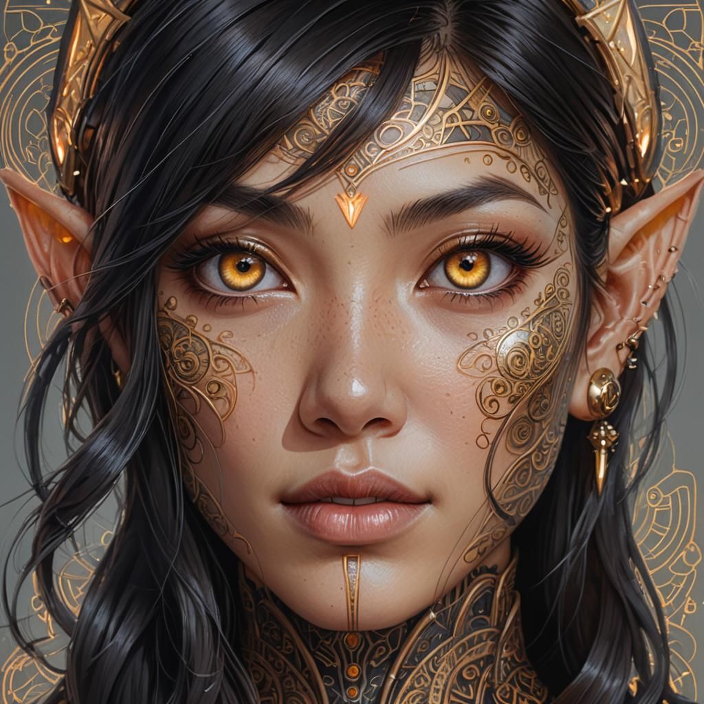 A detailed portrait of an Asian woman with elf-like ears, amber-colored eyes, and dark hair. The eyes are highly detaile...