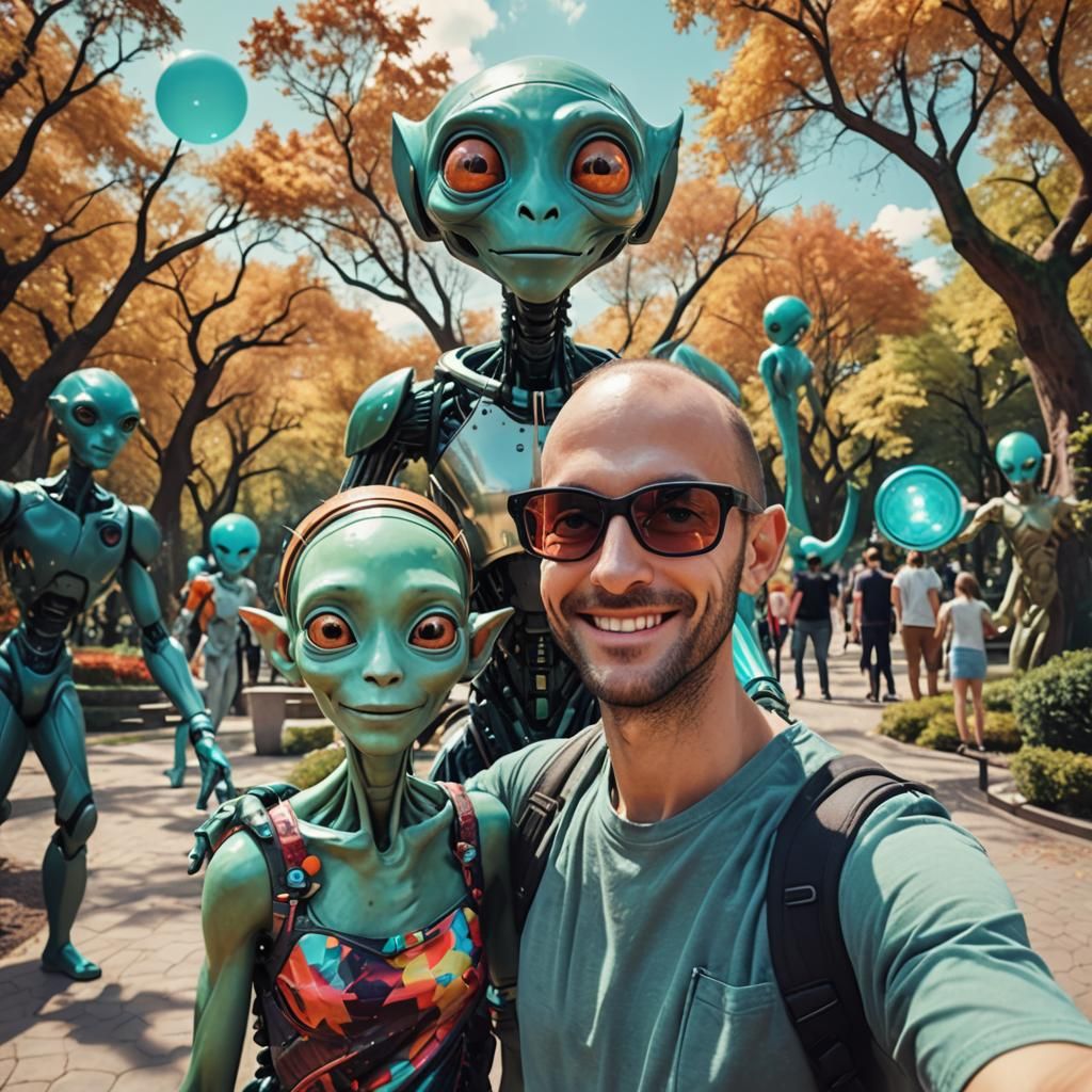 Humanoid Couple's Selfie with Alien Photobomb